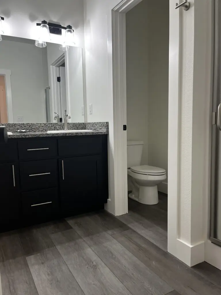 Double sinks and stand up shower. This Cottage has 2 identical bathrooms.